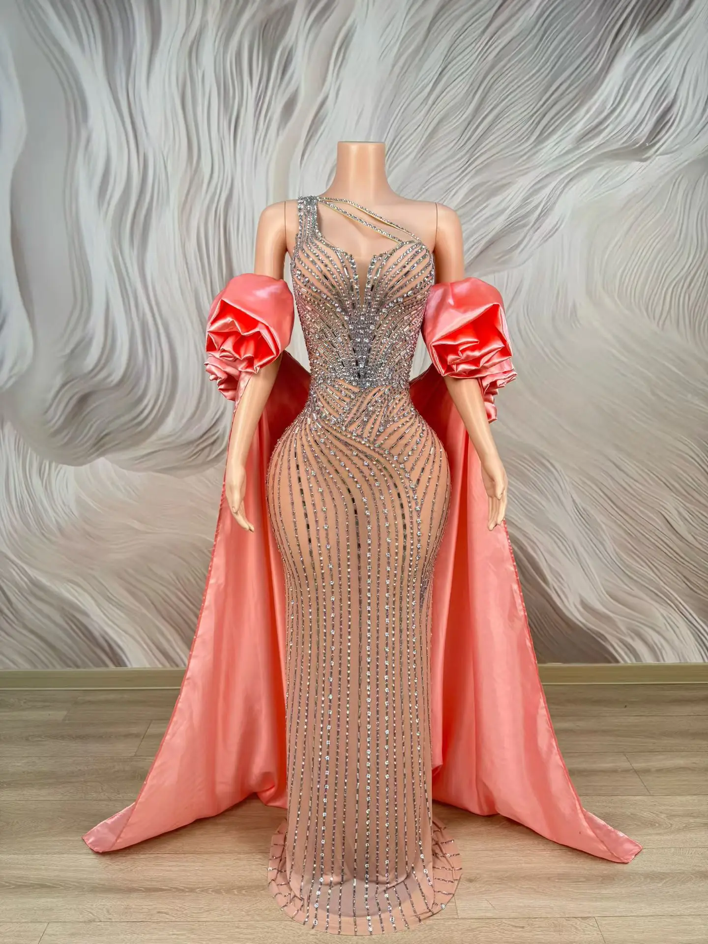 Mudan Nude Mesh Mermaid Gown with Silver Rhinestone Stripes One Shoulder Strap Pink Satin Cape Sleeves for Gala Pageant Events