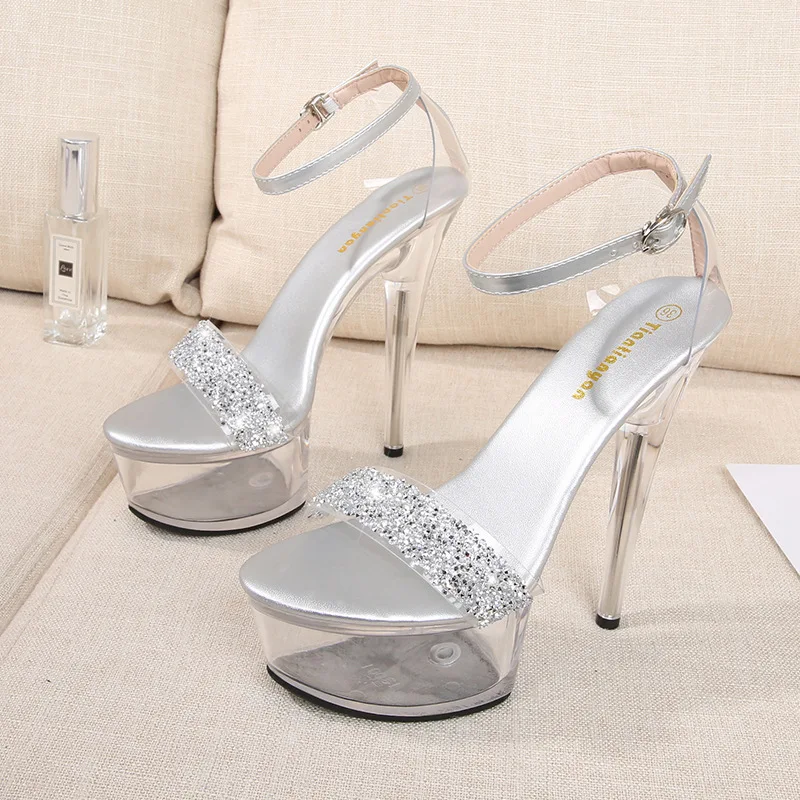 Sandali da donna Platform Summer Party Pumps PVC 14.5CM tacchi sottili cinturino con fibbia estiva Bling strass scarpe con tacco alto da sposa