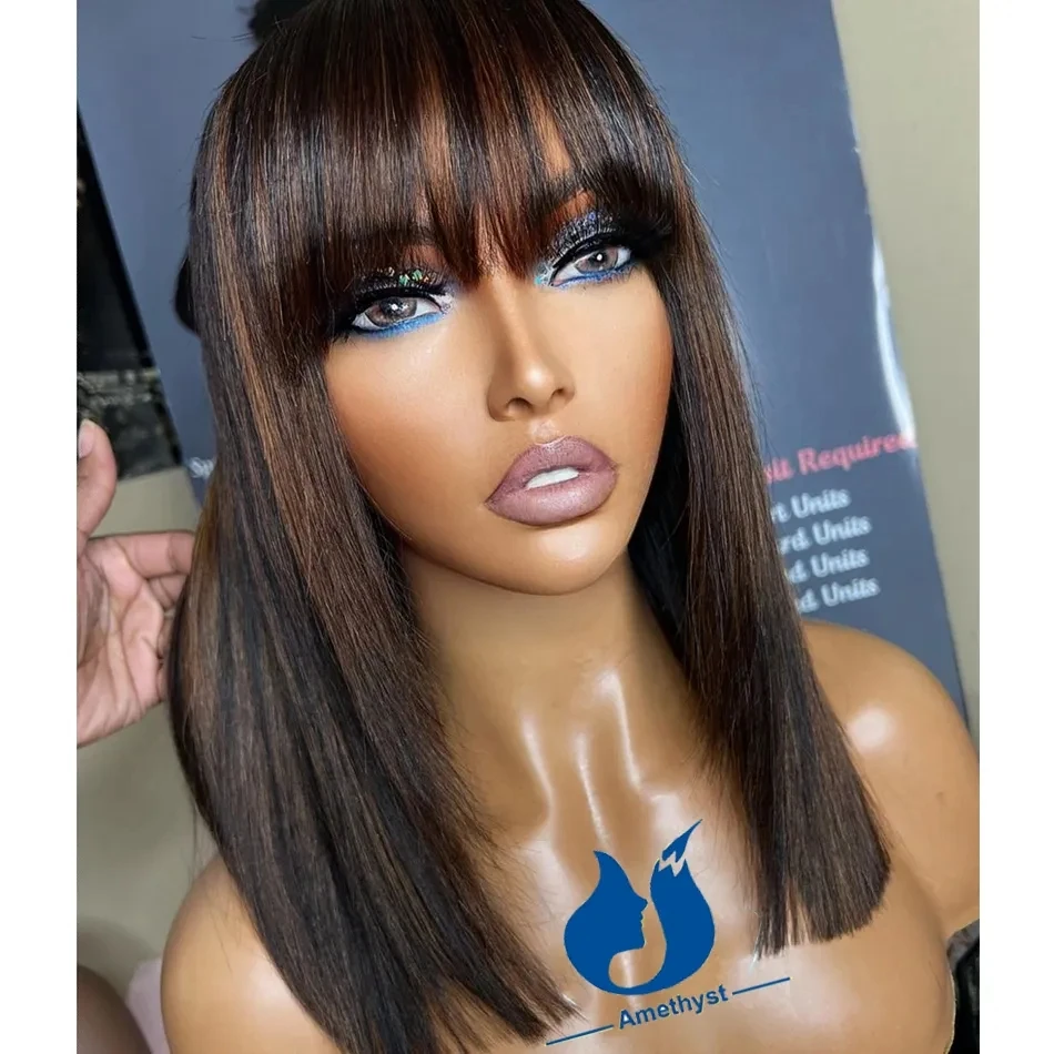 Amethyst Highlight Brown Straight Bob Human Hair Wig With Bangs For Black Women Scalp Top Full Machine Made Wig Remy Brazilian