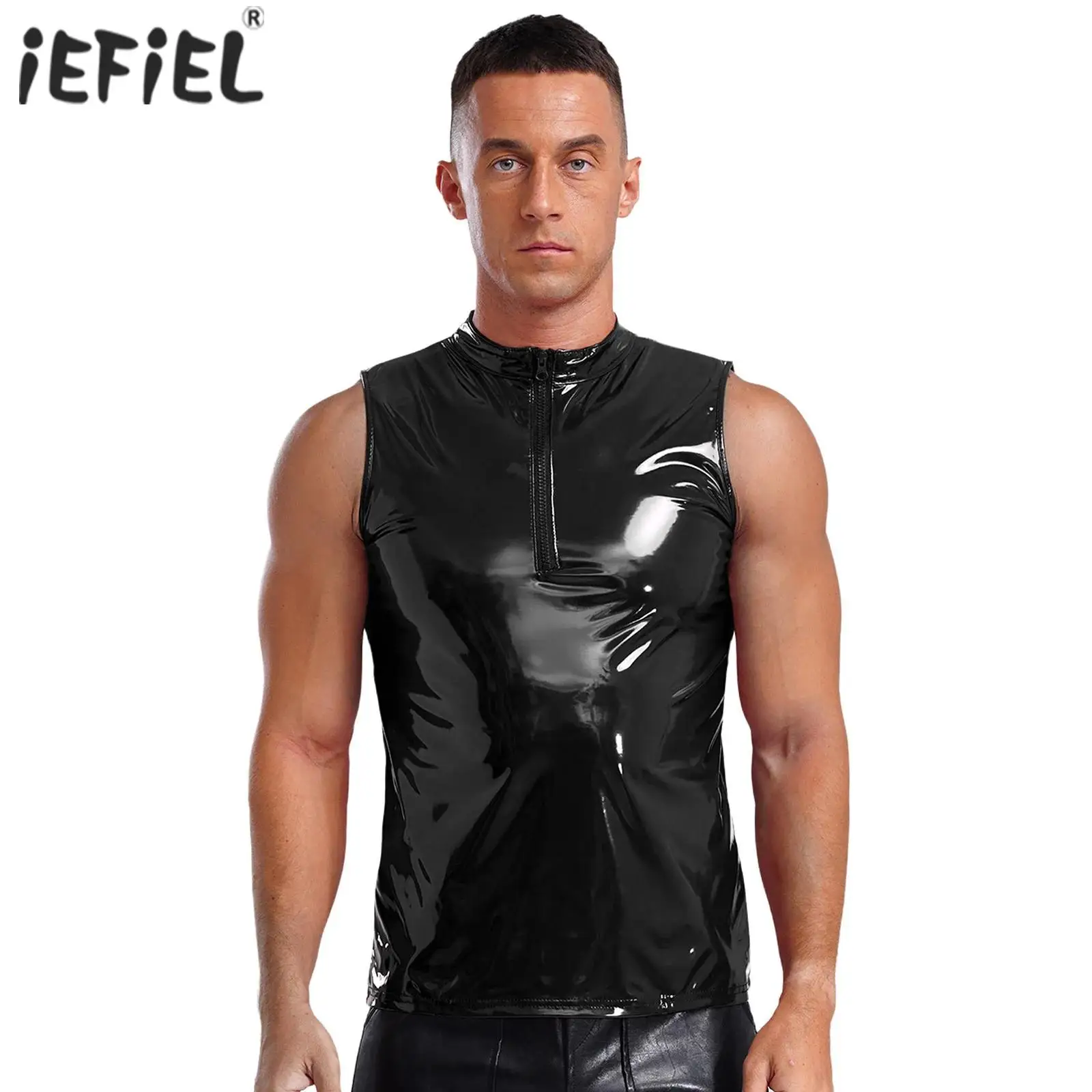 Mens Sexy Glossy Top Wet Look PU Leather Tank Top Stand Collar Sleeveless Front Half Zipper Vest Nightclub Rave Party Costume