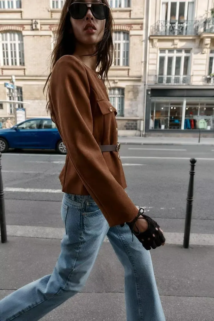 BB6932 Autumn/Winter 25 New Women's Fashion with Belt, Suede Texture Effect, Suit Coat, Temperament 8741260