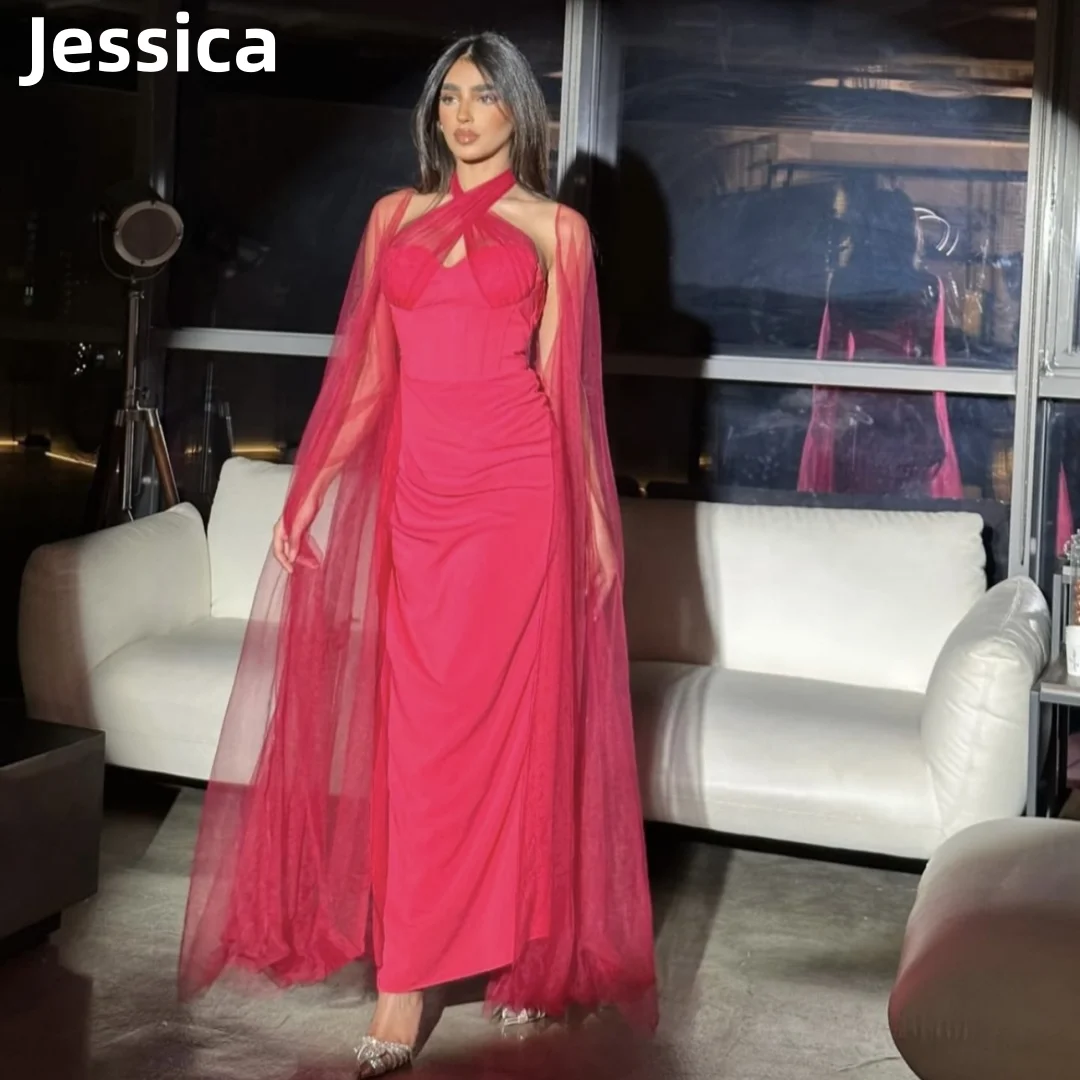 

Jessica Women's Red Prom Dress Mermaid Tulle Shawl Arab Evening Dresses 2024فساتين السهرة Elegant Ladies Dinner Party Dresses