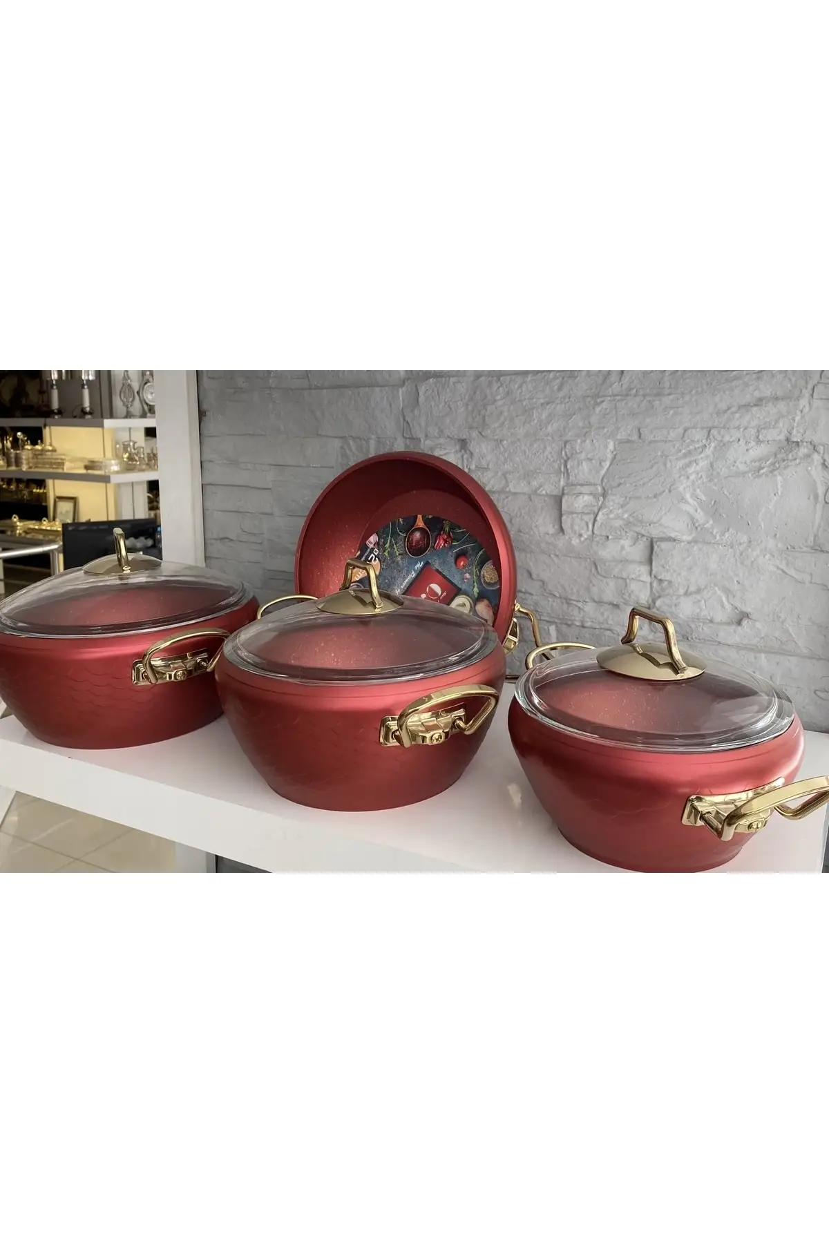 

DOLBOVI granite Cookware Set 7 piece Gold handle 4,7lt + 3.7lt + 2,7lt red Cookware Set