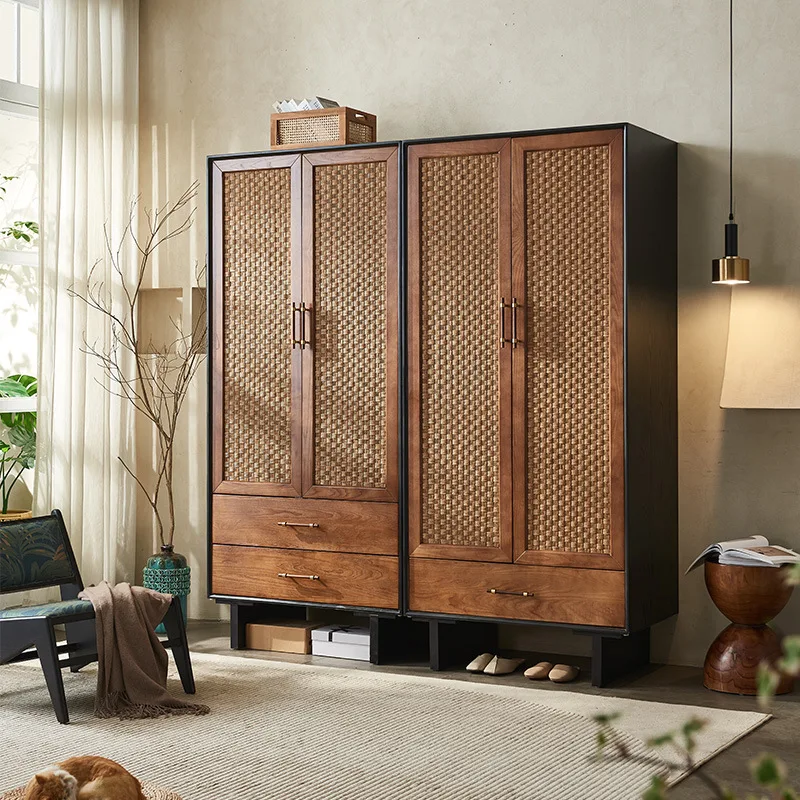 

Medieval style solid wood rattan wardrobe storage locker wabi-sandy style retro cabinet homestay bedroom double door coat cabine
