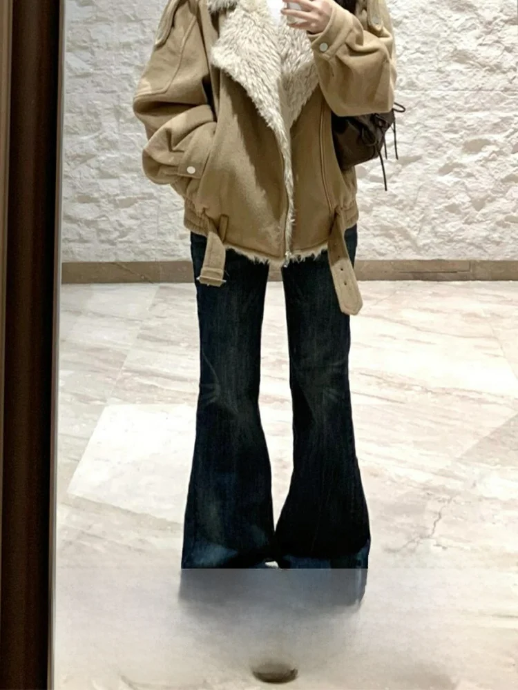 

Ретро-джинсы с низкой посадкой и расклешенным низом в американском стиле, женские, осенне-зимние, новые, длинные брюки из денима, сексуальные, с эффектом пэчворк