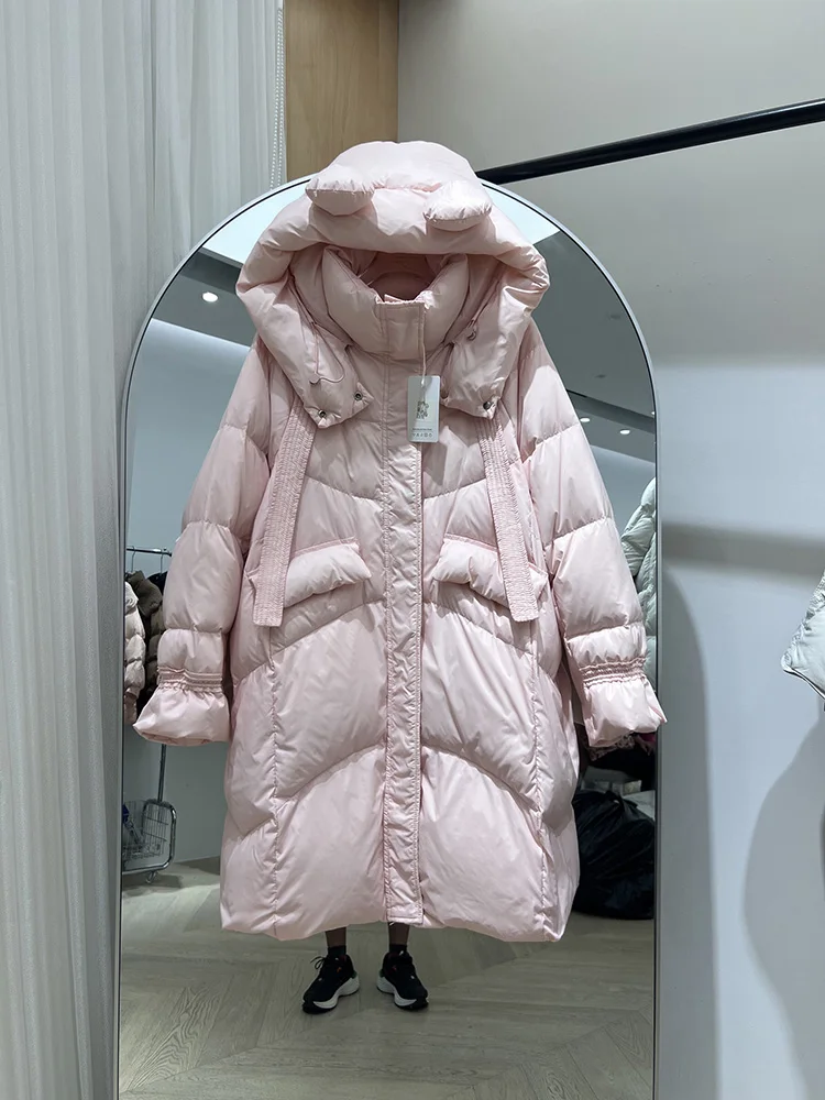 سترة بغطاء للرأس بشريط طويل للنساء لشتاء 2025 سترة جديدة سميكة وعصرية من ريش البط الأبيض العصري #4