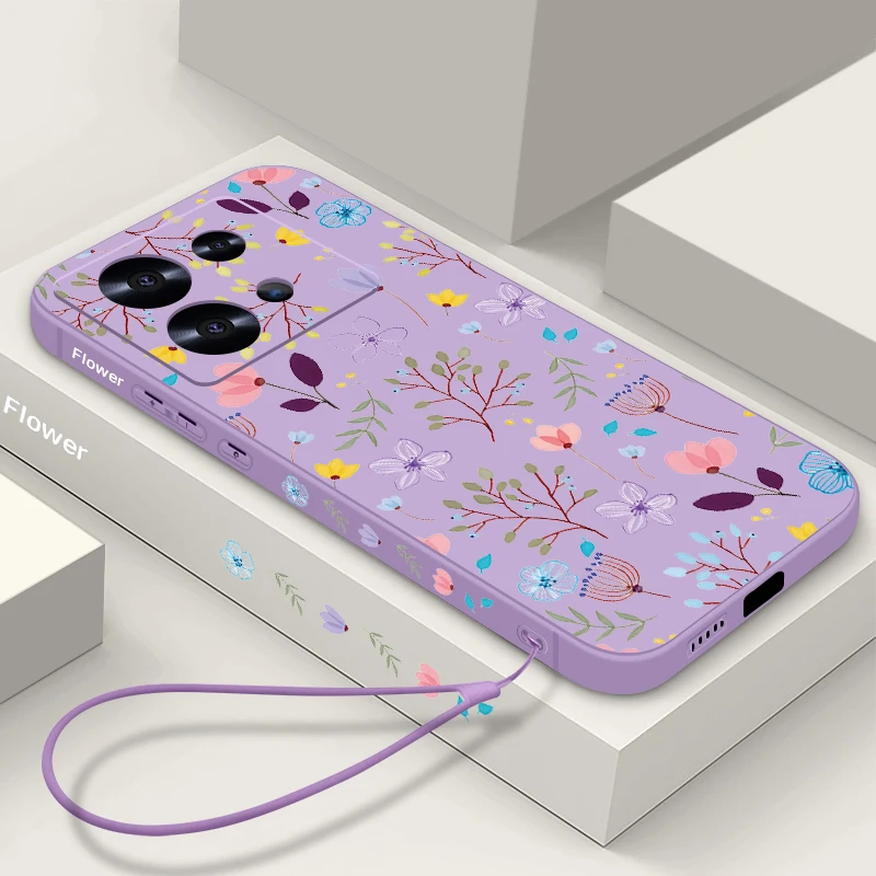 Luxury Flower Print Lanyard Case For Xiaomi Redmi Note 14 13 Pro 5G 11 10 11s 12 Mi 11 Lite 5G NE Poco F6 X6 11T 13T Pro Cover