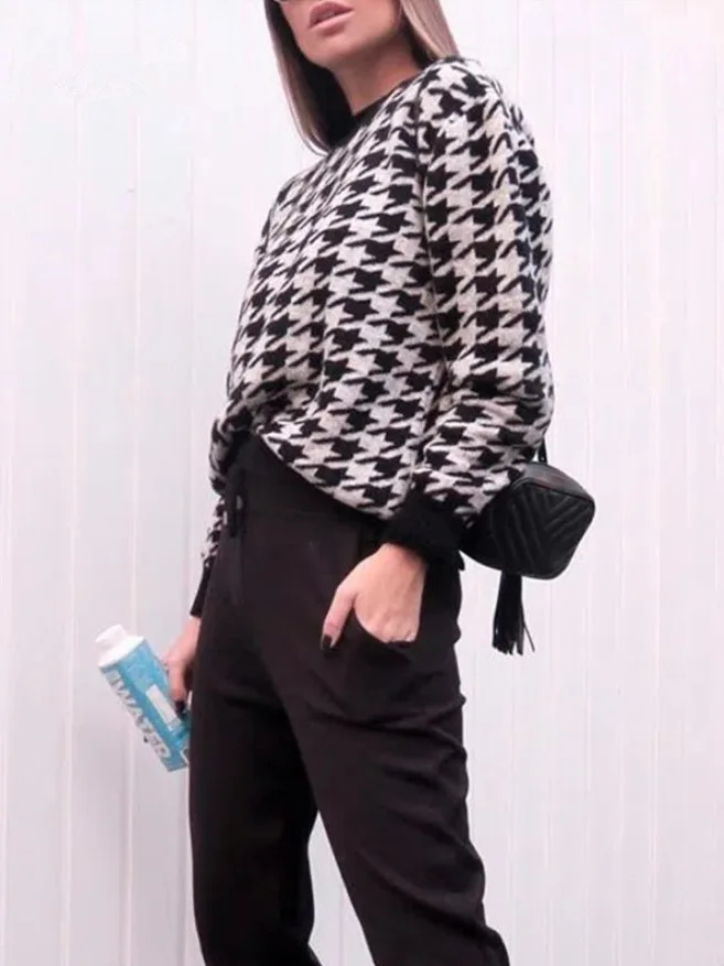 

Faionable Houtooth Knitted Sweater for Women Casual Retro Street Sle Long Sve Regular Fit Spring Season New Arrival