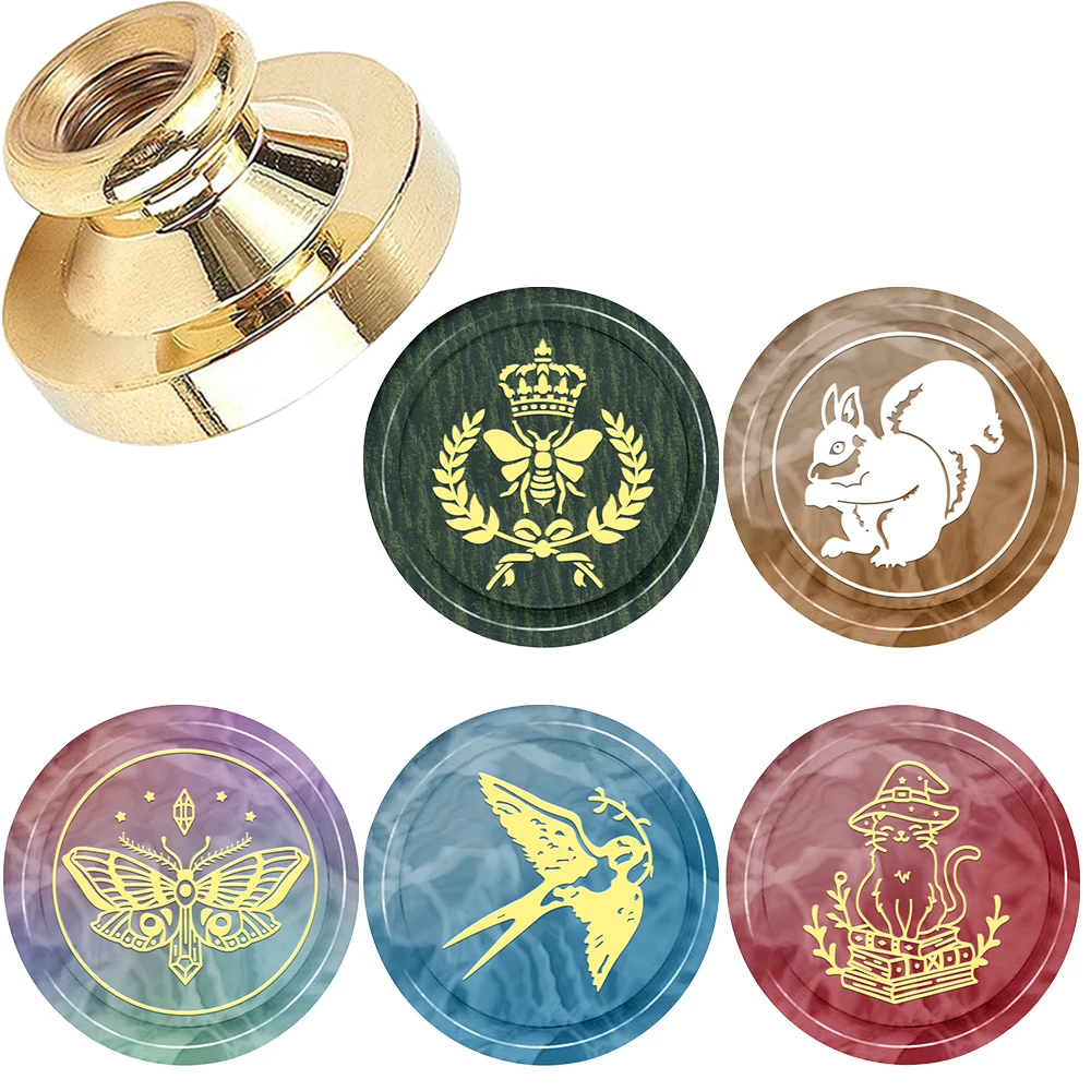 Wax Seal Stamp Heads -Bee with Crown,Squirrel,Moth,Swallow & Wizard Cat,Removable Brass Sealing Stamp for Envelope,Invitations