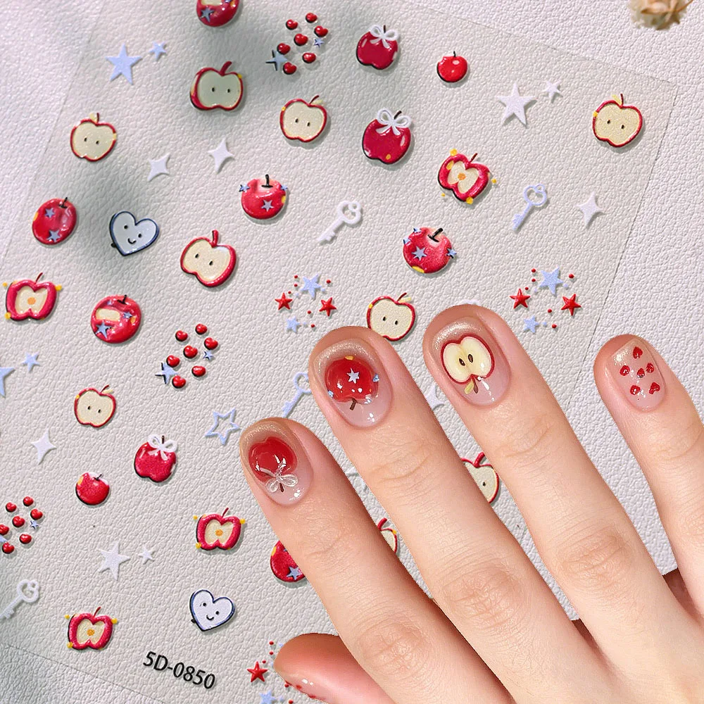 1pcs Red Apple Star Slices Nail Art Stickers Bow Ribbon Apple White Starlight Nail Decals Cartoon Red Apple Heart Star Sliders