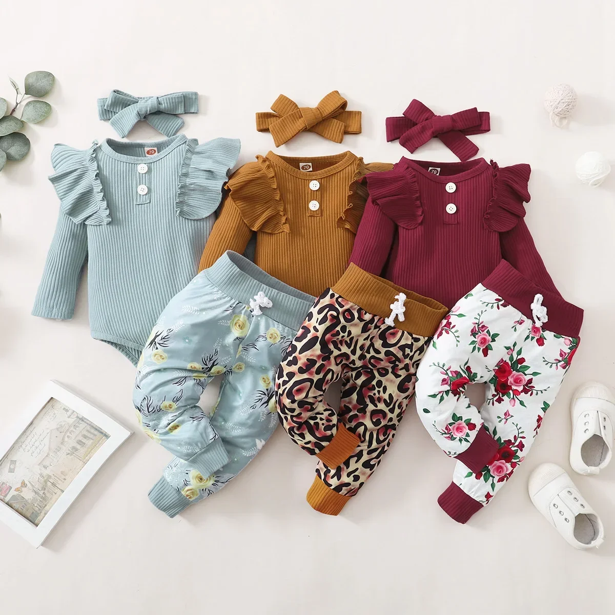 3Pcs Newborn Girl Clothes Set 3 Months Toddler Girl Outfits Baby Bodysuit + Bow Pants Infant Clothing Baby Girl Clothes