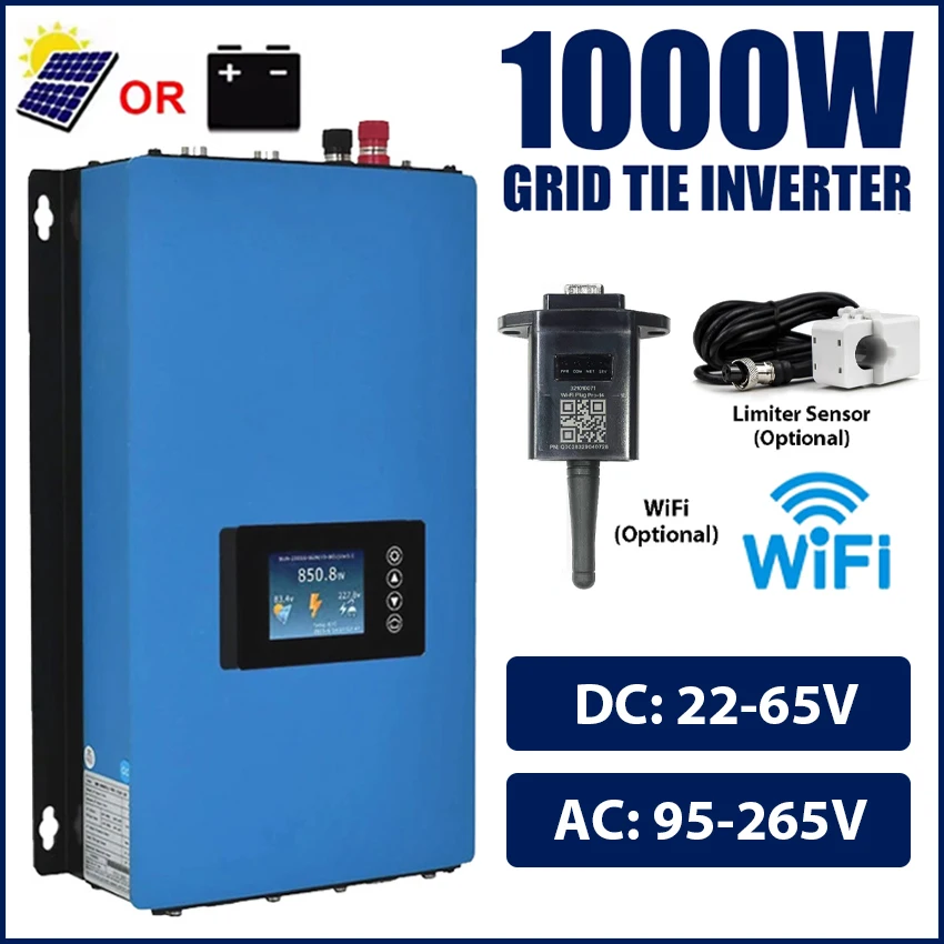 1KW Solar Grid Tie Inverter 24/36/48V MPPT Battery Discharge Pure Sine Wave Inverter 22-65VDC 110V/220VAC WiFi Limiter Optional