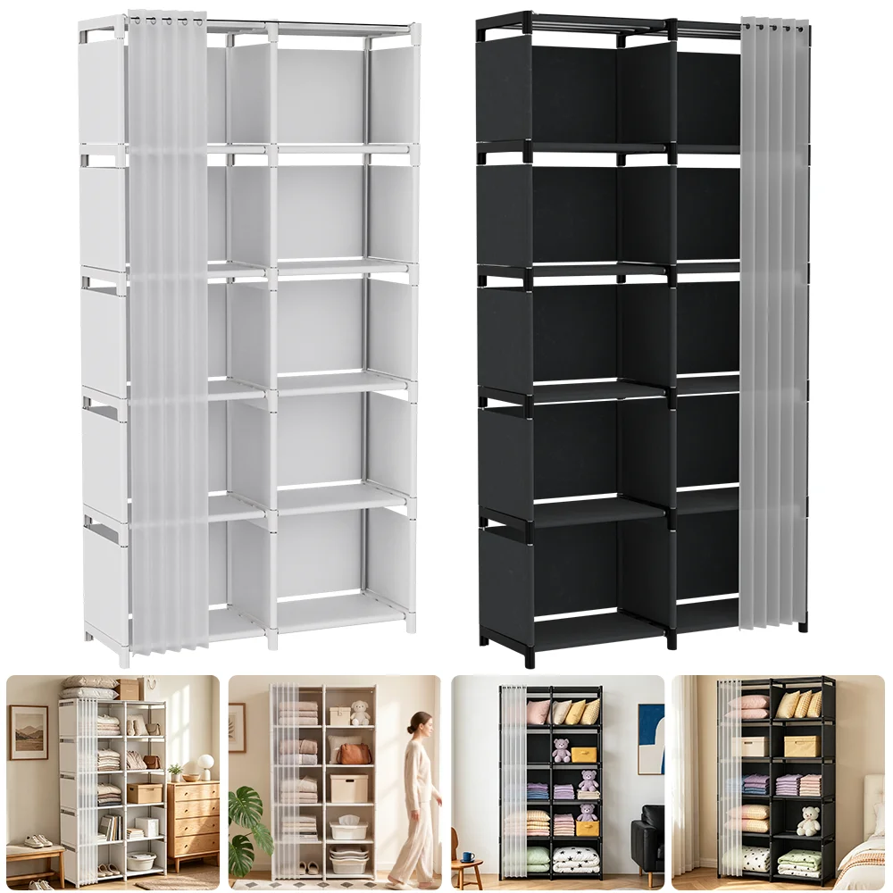 Organizzatore per abiti a 5 livelli, scaffale per riporre i vestiti in camera da letto, armadio portatile con tenda, contenitore antipolvere per coperte, abiti e altri indumenti.