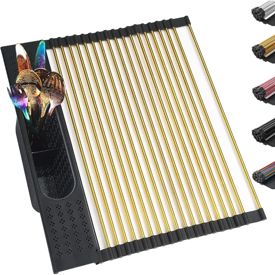 

Gold Dish Drying Rack Over The Sink L17.5W 15 Rollable Tianium Golden Plating Stainless Steel Dish Rack with Removable Storage