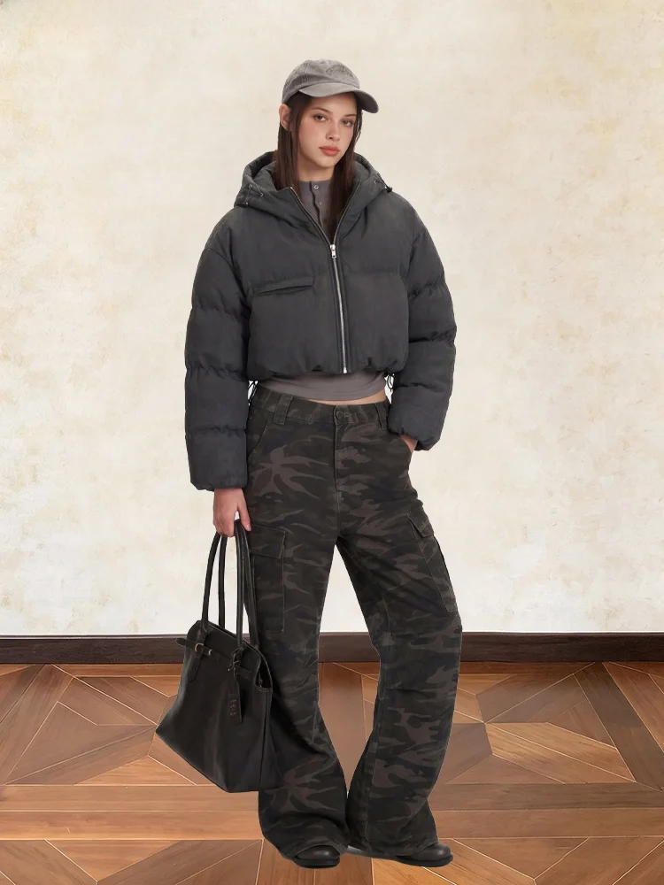 

Korean Sle Women's ort Hooded Thiened Warm Bread Coat Cotton Jaet Zipper Closure Cotton Filling Pure Color Design