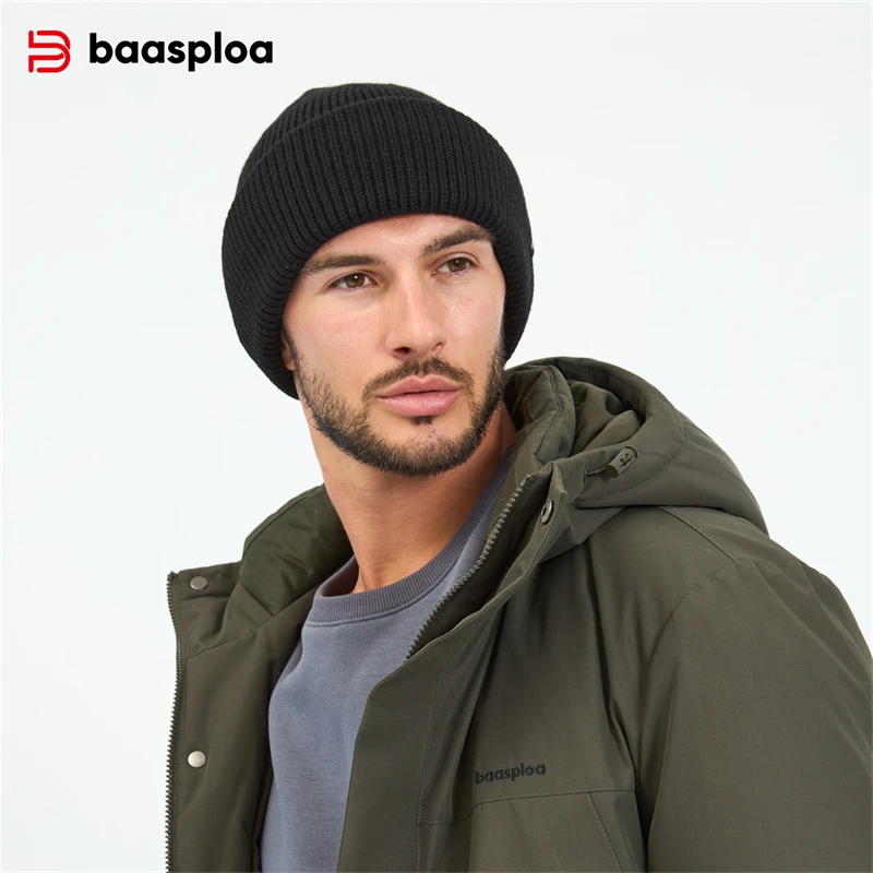 Baasploa Men Knitted Hat Brand Comfort Warm Brimless Hats for Men Casual Fashion Solid Caps Beanie Wool Autumn Winter Male