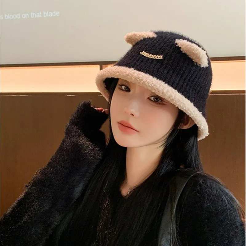 

New Autumn Winter Knitted Plush Ears Cute Bucket Hats Outdoor Casual Girl Showing Her Face Small Dome Basin Hat
