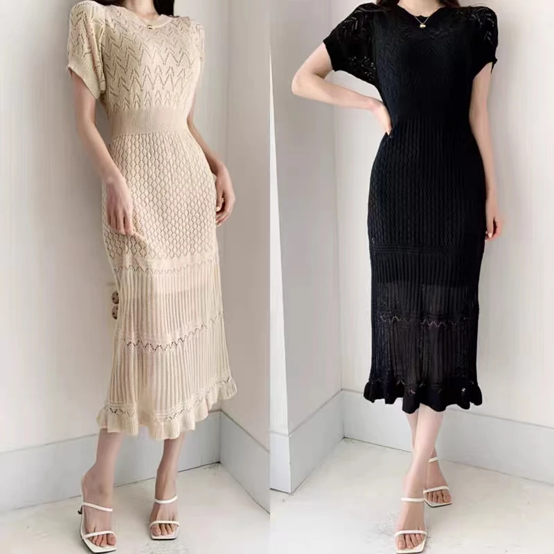 Korean Fashion Summer Dress Women Knitted Hollow Out Short Sleeve O-neck Slim Elegant Long Dresses Office Lady Vestidos Clothing