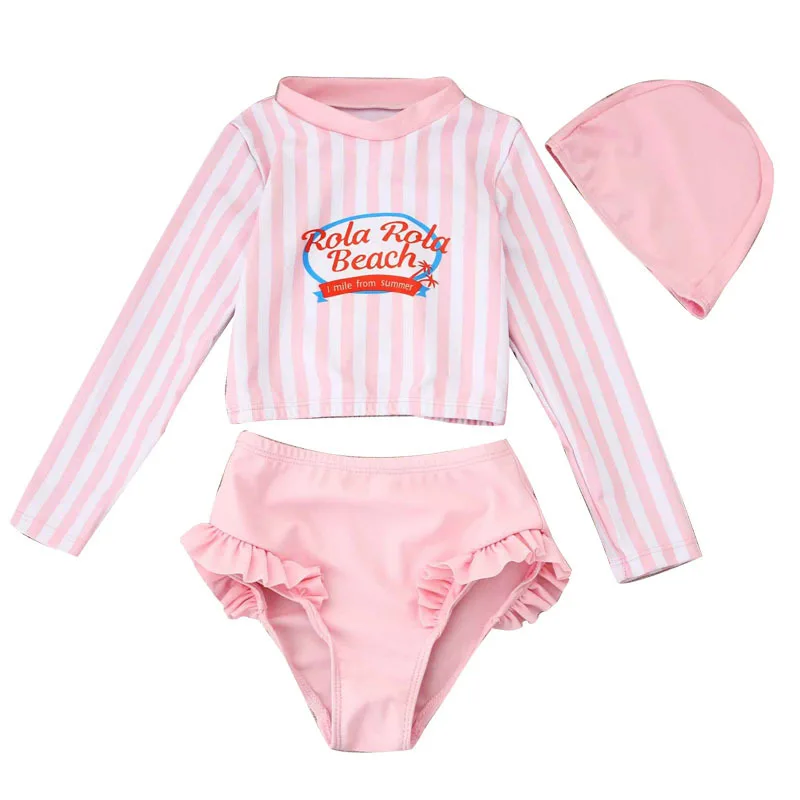 2024 Summer Baby Girls Korean Version Split Swimsuit Set Kids Long Sleeve Top+Bikini+Swimming Cap Three-piece Set Girls Swimwear