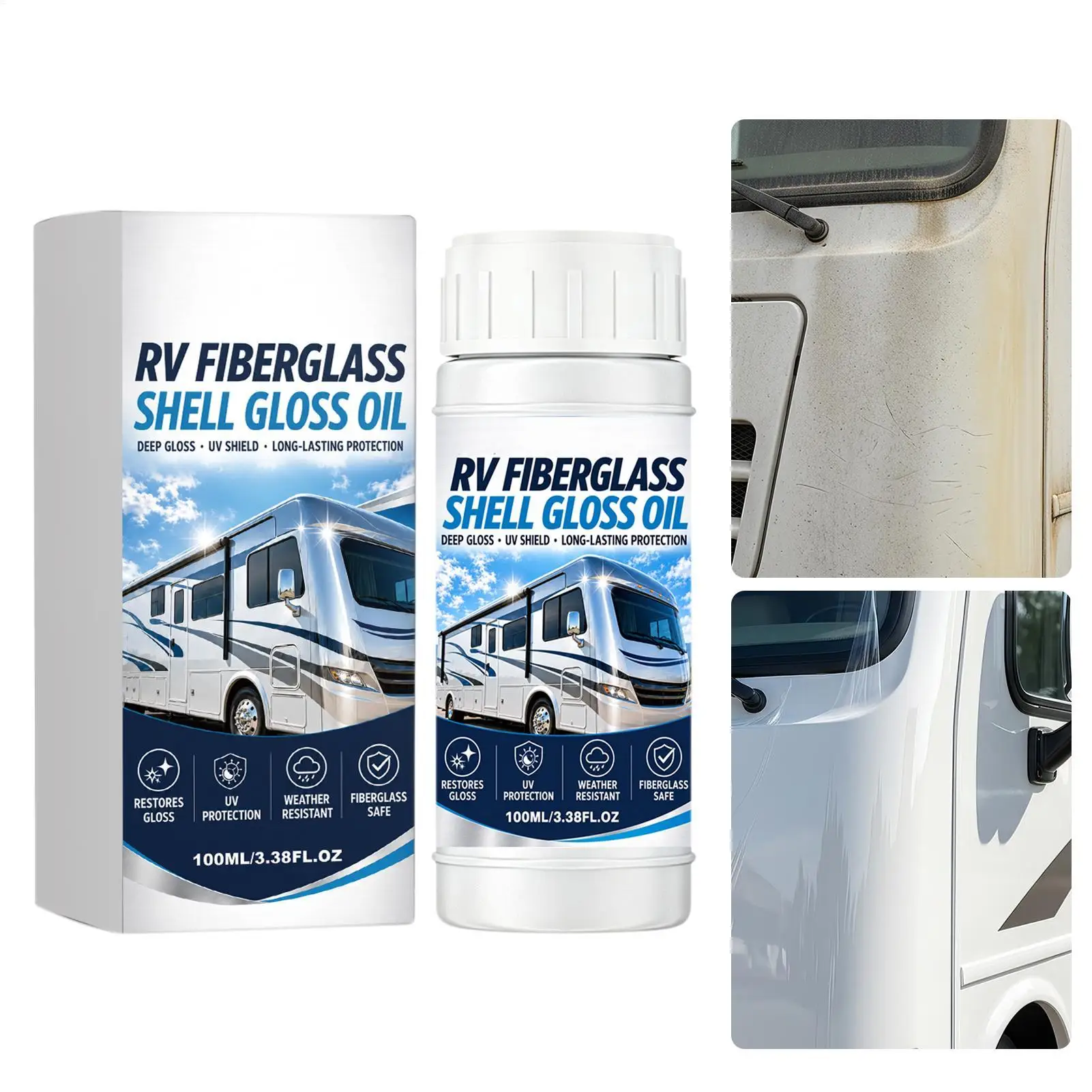 UV Shield RV Fiberglass Restorer 100ml Weather-Resistant Gloss Polish Fiberglass Oxidation Protection, Mirror-Like Finish