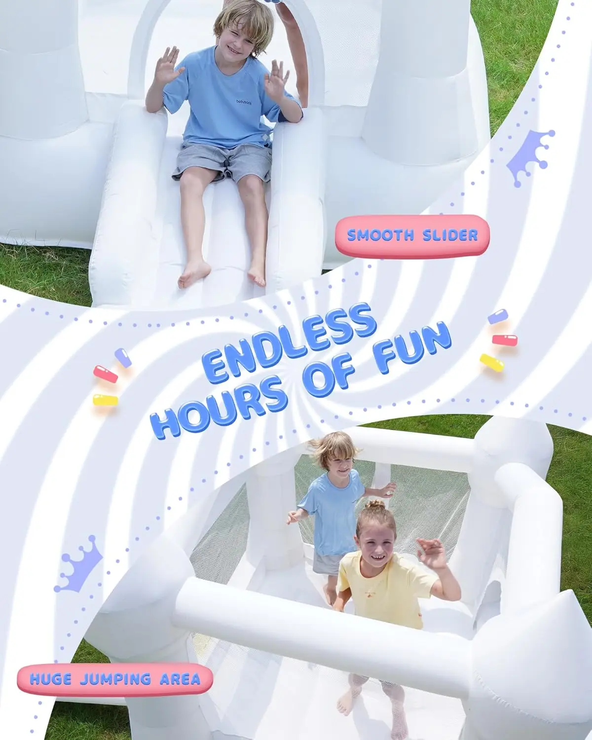 Casa de rebote blanca para niños de 3 a 8 años, casa de rebote con tobogán, casa de rebote inflable para interiores y exteriores con soplador de aire, castillo de salto