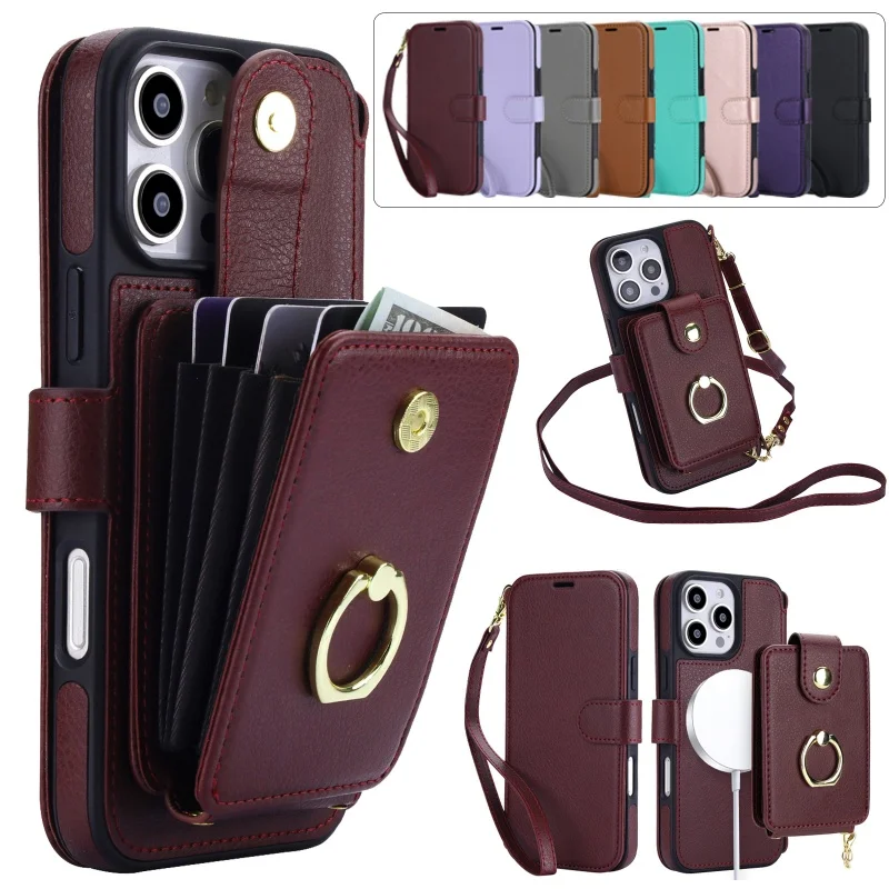 2 IN 1 Detachable Leather Wallet Phone Case For iPhone 16 15 14 13 12 17E Air Plus Pro Max  Crossbody Cards Funda Cover Hoesje