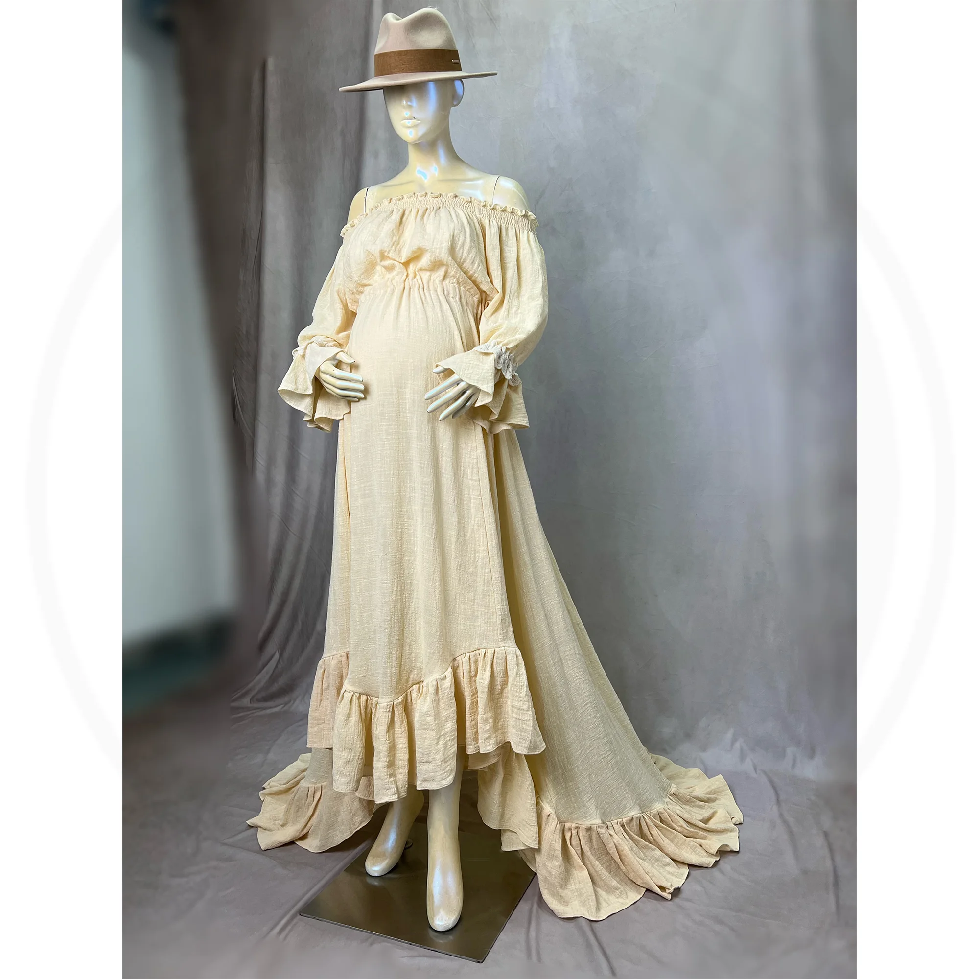 Don&Judy Bohemian Cotton Irregular Hem Maternity Wedding Dress Off Shoulder A-line Vintage Party Gown Pregnant Photoshoot Outfit