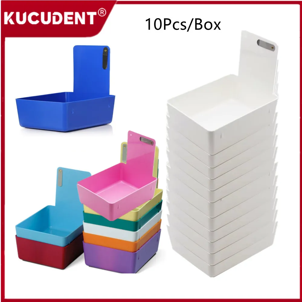 10pcs/Box Dental Lab Work Pans Storage Turnover Finishing Box Colourful Plastic Tray Teeth Model Denture Organizer Case Clip