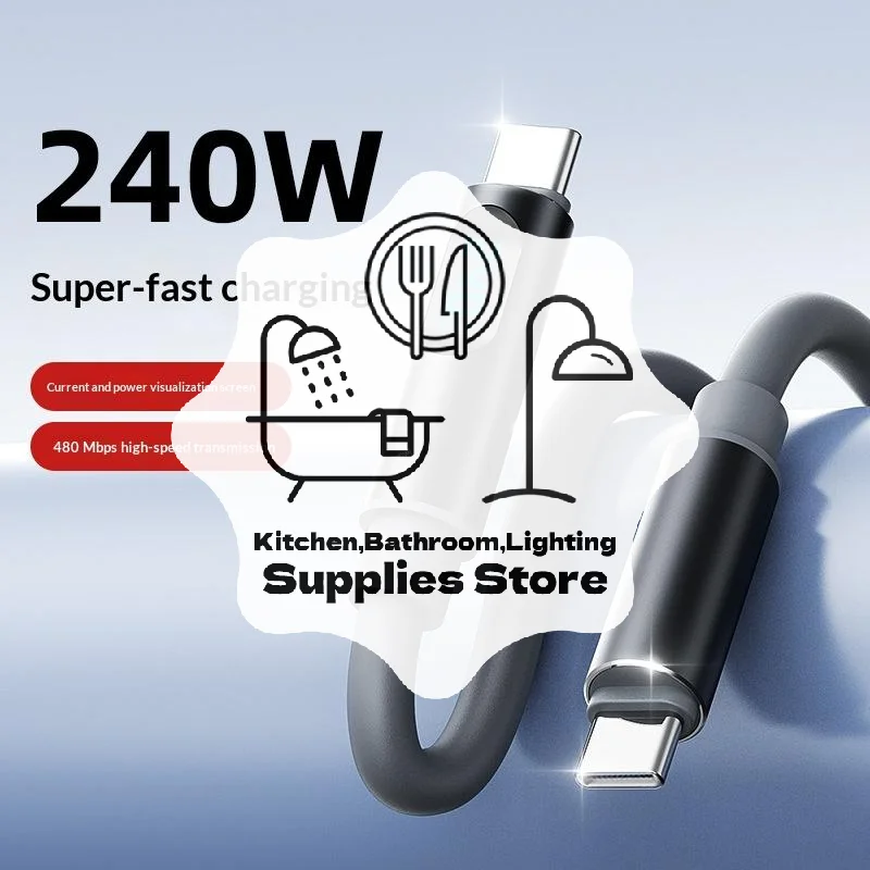 1Pcs Soft Silicone Type C Charger Cord 480Mbps 240W LED Digital Display USB C To USB C Fast Charging Cable For Laptop Phone