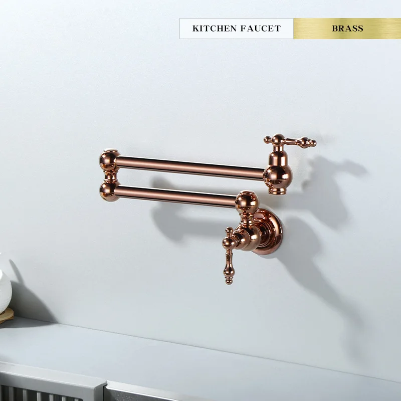

Antique Brass Single Cold Kitchen Faucet Wall Mounted Foldable Tap with Flexible Hose