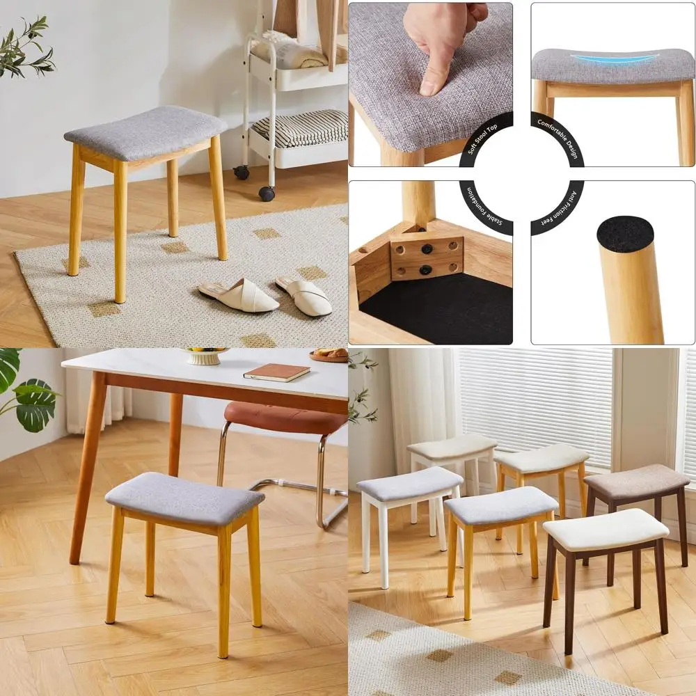 

Upholstered Vanity Stool with Solid Wood Legs, Ideal for Bedroom, Entryway, or Piano Area