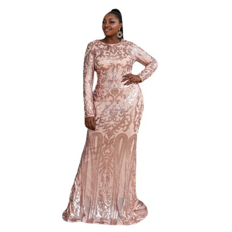 Plus Size Wome Party Dresses Fashion Dragging Elegant Lady Evening Dresses New Sexy Round Neck Long Sequin Dress For Female