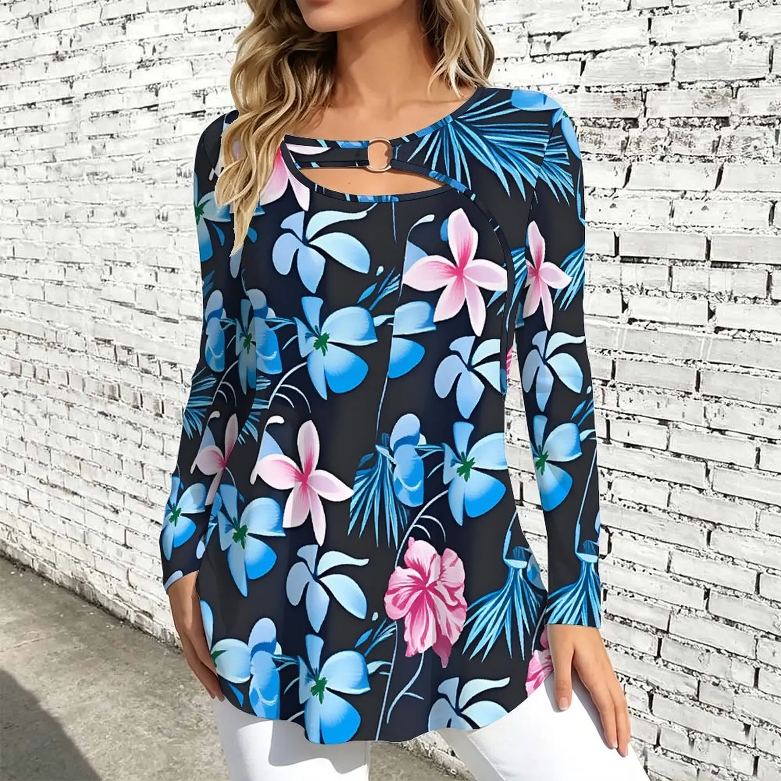 Women Long Sleeve Tunic Top Print O Ring Cutout Neck Loose A Line Hem Casual Ladies Blouse