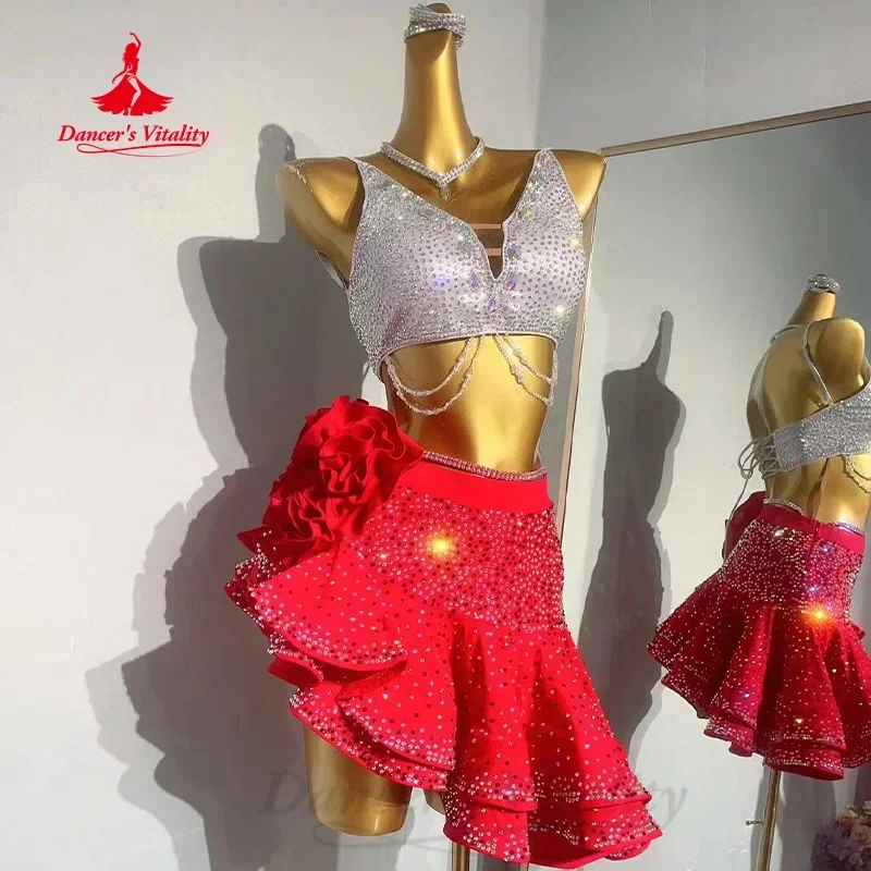 Latin Dance Perform Set Customized Luxury Full Diamond Top+Advanced Sexy Fishtail Skirt 2pcs Adult Children Competition Clothing