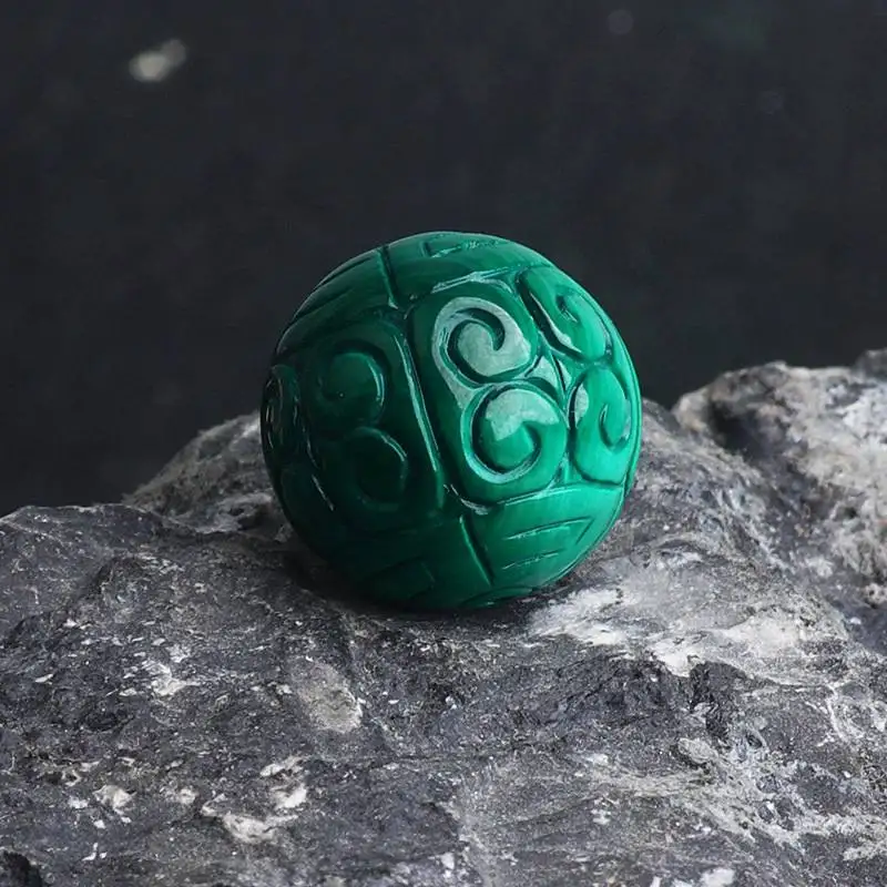 Natural Malachite Stone Carving Pattern Round Shape Loose Beads High Quality DIY Jewelry Accessories 1 Pcs yw54