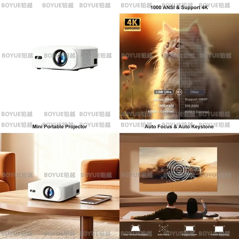 Ultra Mini Projector 1080P Full HD 1000 ANSI Lumens Auto Focus Keystone Correction Portable Android Smart Home Theater Beamer
