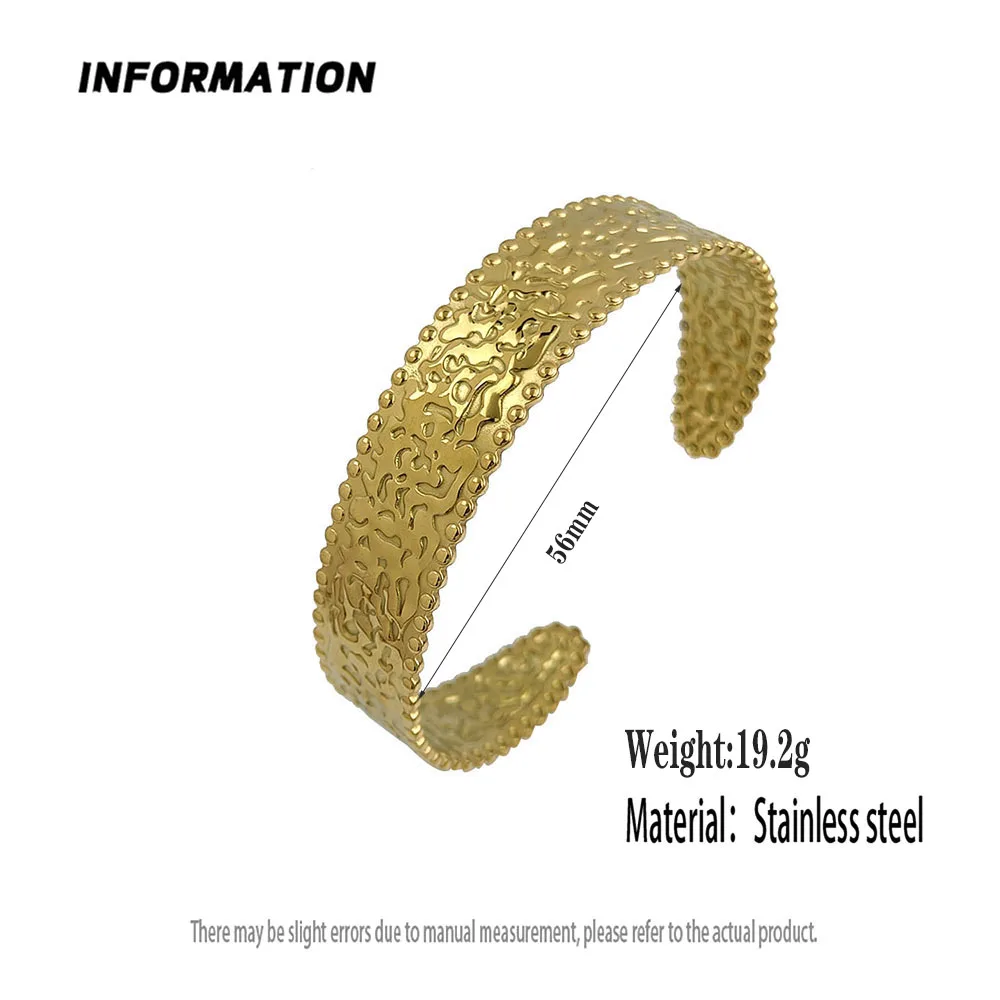 316L Stainless Steel 18K Gold Plated Hammered Textured Beaded Edge Open Cuff Bangle Stackable Adjustable Jewelry Gift For Women