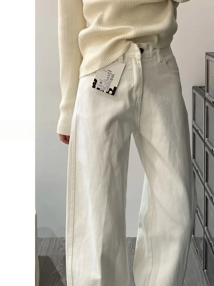 

Женские широкие джинсы больших размеров с высокой талией, белые драпированные прямые брюки длиной до пола, осенние новые утягивающие брюки