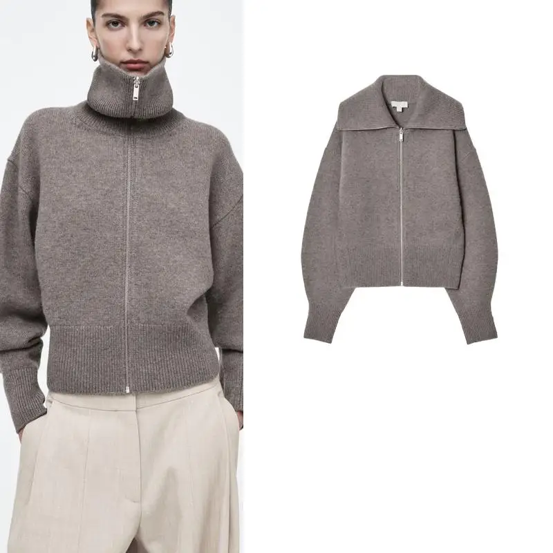 

Модная вязаная куртка-пилот женская осенне-зимняя новинка с длинными рукавами, приталенная, с большим воротником, на молнии, однотонная