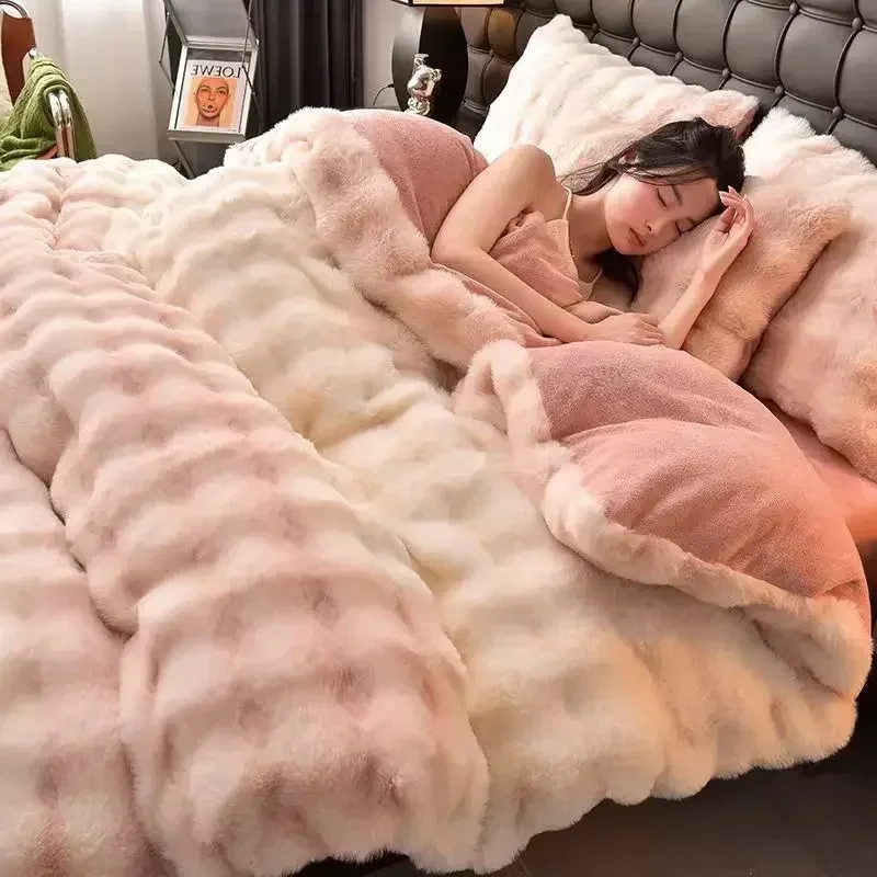 200x230cm High End Plush 4Piece Set Thick and Soft Warm Duvet Cover for Winter 3-piece Set of Household Bed Sheets Bed Cover