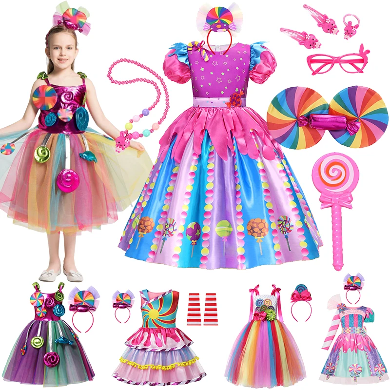 2024 Purim Girl's Rainbow Candy Costume Kids Cosplay Lollipop Print Princess Dresses With Headband Birthday Party Clothes 2-10Y