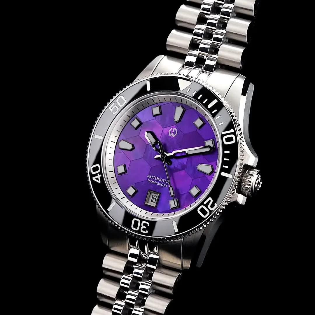 WISHDOIT Luxury Dive Watch 150M Waterproof Automatic Movement Mother-of-Pearl Dial Stainless Steel Case Men's Wristwatch