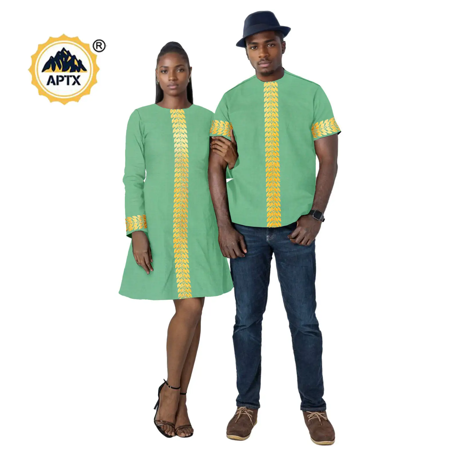 Minivestidos acampanados para mujer, trajes de pareja a juego, ropa africana Dashiki, Tops con apliques para hombre, camiseta, prendas de vestir para fiesta de boda 24C082