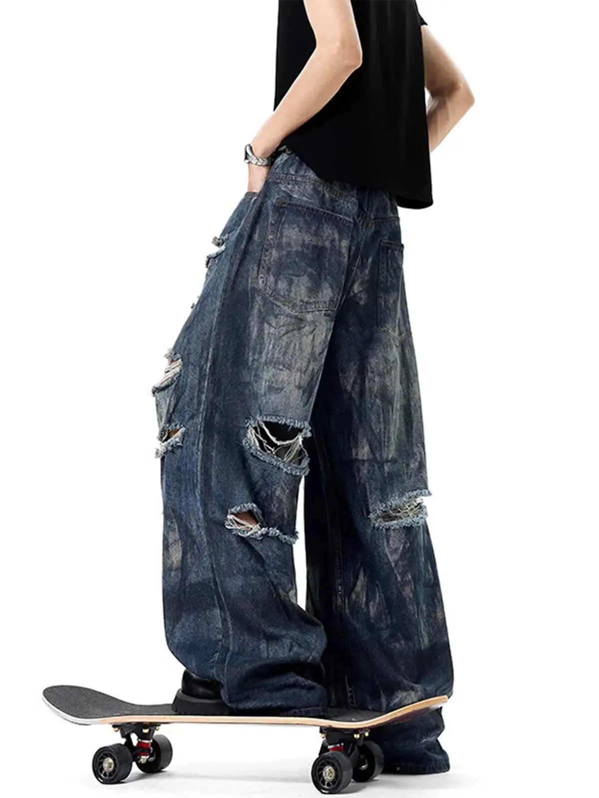 بنطلون جينز أزرق مغسول بفتحات أمريكية عتيقة للرجال 2025 جديد فضفاض غير رسمي بخصر مطاطي مطبوع عليه قذرة سروال طويل من قماش الدنيم