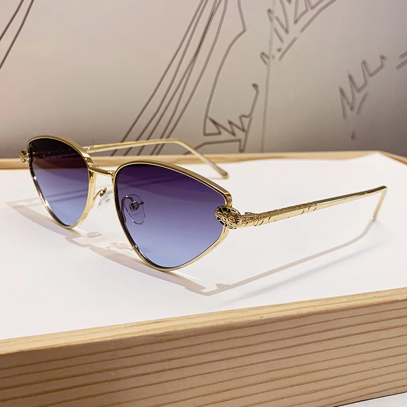 Rahmenlose Sonnenbrille mit Schnittkante für Damen mit Leopardenkopf und Katzenaugen, Metallrahmen-Design, Modische Sonnenbrille – Detail 3