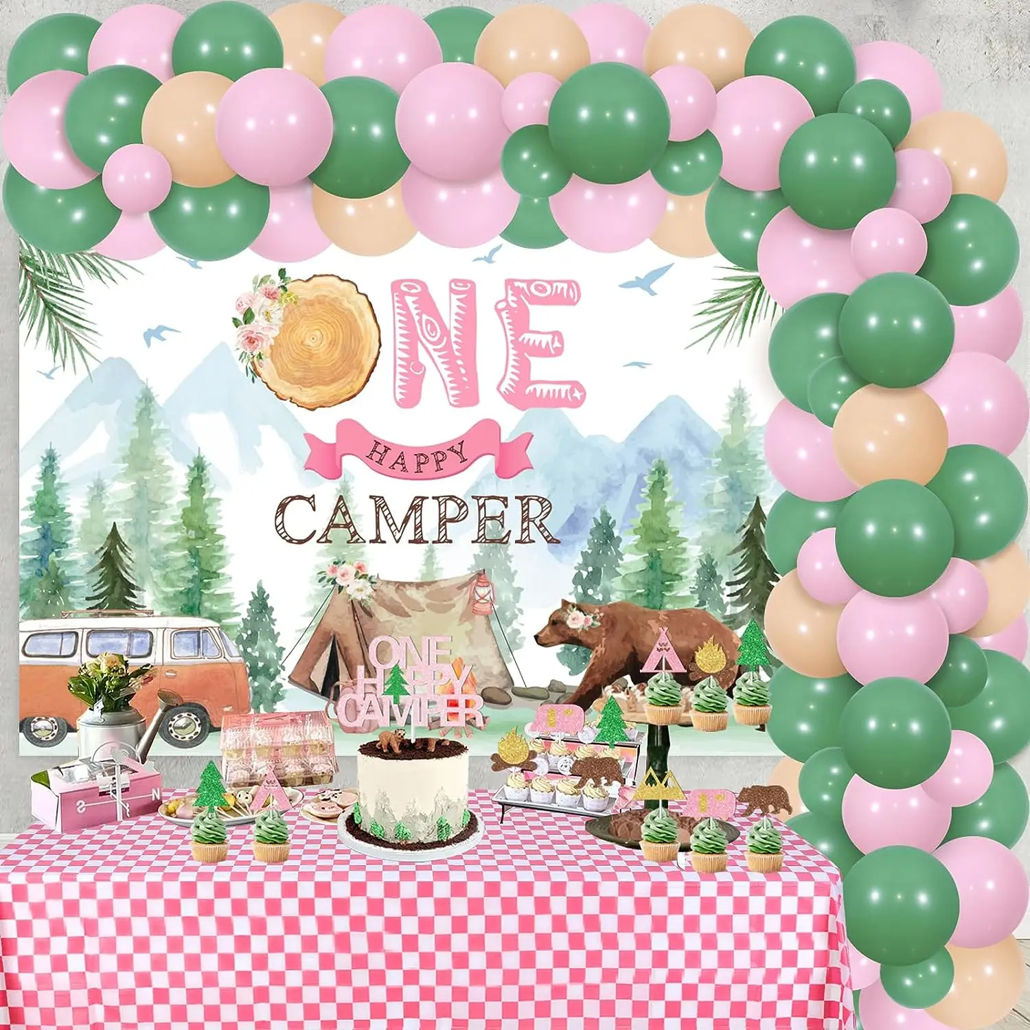 One Happy Camper 1st Birthday Decorations for Girl, Sage Green and Pink Balloon Arch Kit, Backdrop Cake Toppers, Adventure Party