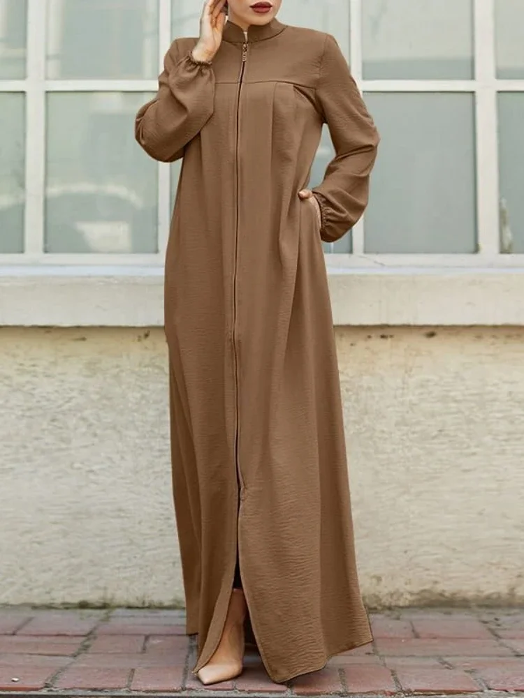 Jalabiya-Vestido de manga larga para mujer, caftán musulmán con cuello levantado, Abaya, Ramadán, Abayas, bata con cremallera