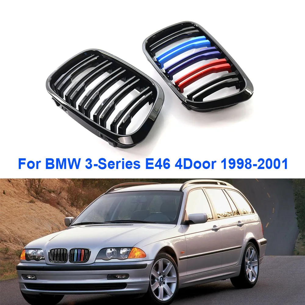 For BMW 3 Series E46 4 Door 98-01 Car Front Grill Kidney Grilles Double Slat Line Racing Grill Accessories Glossy Black