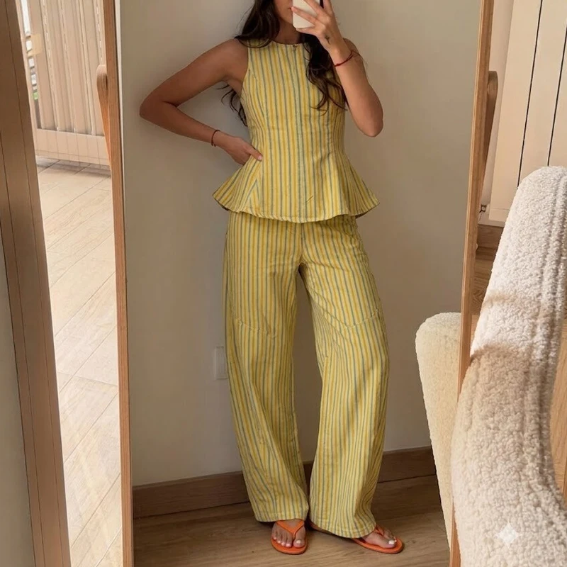 Fashion O-neck Pullover Top & Long Pant Set Women's Sexy Sleeveless Hight Waist Loose Outfits Elegant Simple Stripe Printed Suit