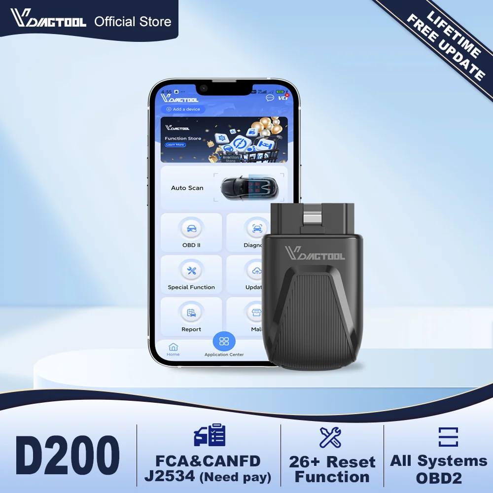 VDIAGTOOL D200 OBD2 Scanner AI-Assisted Car Diagnostic Tool 26+ Reset J2524 FCA CANFD Bidirectional Scanner Lifetime Free Update